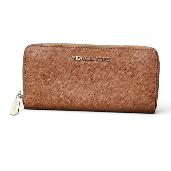 Michael Kors Jet Set Saffiano Leather Zip Around Large Brown Wallet COA - Picture 1 of 8
